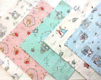 Peter Rabbit 5-pieces Fat Quarter Bundle, 100% Cotton, Beatrix Potter Fabric, Quilting Fabric, Rabbit Cotton Print, Nursery Fabric, Set of 5