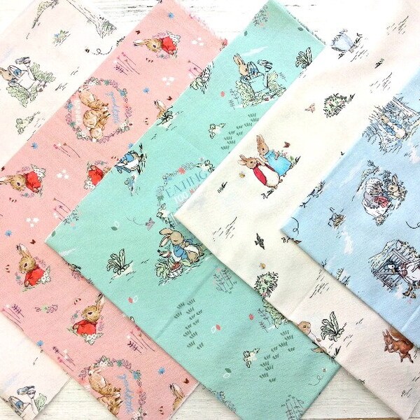 Peter Rabbit 5-pieces Fat Quarter Bundle, 100% Cotton, Beatrix Potter Fabric, Quilting Fabric, Rabbit Cotton Print, Nursery Fabric, Set of 5