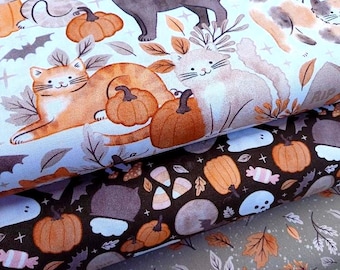 Halloween Cats Cotton Fabric, Pumpkins and Paws by Camelot, Quilting Sewing Craft Autumn Material