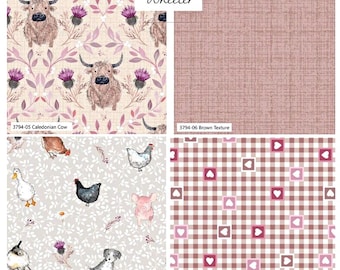 Blackbird Farm Fat Quarter Bundle, 100% Cotton, Highland Cow Floral Farm Animals Fat Quarters, Quilting Sewing Craft Fabric, Set of 4