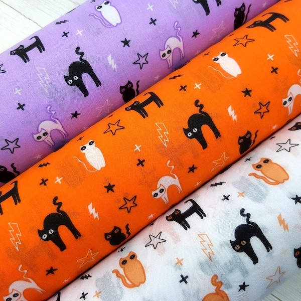 Halloween Fabric, Polycotton  Fabric, Halloween Cats Print in Orange/Lilac/White, Spooky Fabric, Halloween Material by the Half Metre/Yard