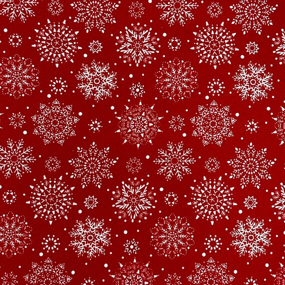 Tissu Noël 100% Coton - Flocons De Neige Or Métallique Sur Fond Rouge - Pour Nappes, Patchwork (1-2 Yards)