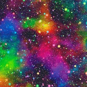 Space Fabric, 100% Cotton, Amazing Rainbow Galaxy Print, Quilting Fabric, 145cm Width Fabric, Stars Material by Fat Quarter/Half Metre/Metre