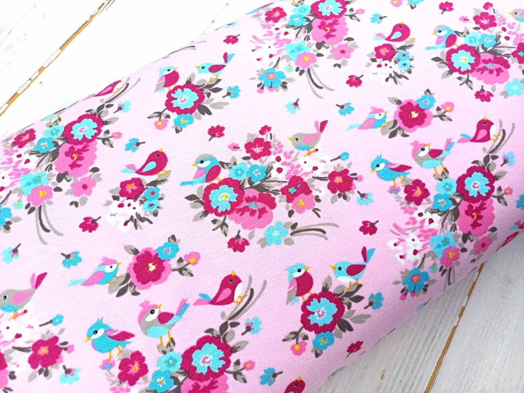 Floral Birds Jersey Fabric, 150 Cm Wide Tshirt Dressmaking Fabric