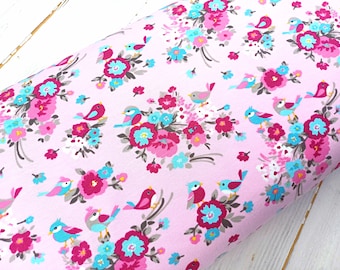 Floral Birds Jersey Fabric, 150 cm Wide T-shirt Dressmaking Fabric, Children Clothes Material, Flower Garden Stretchy Fabric by Half Metre
