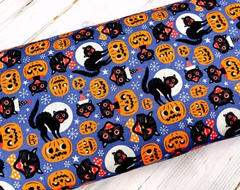 Tissu d'Halloween, chats noirs et lune citrouille, 100 % coton, tissu artisanal de couture courtepointe, matériau de l'horreur effrayante par gros quart/demi-mètre/mètre
