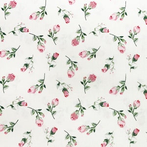 Rose Bud Fabric, 100% Cotton Poplin, Small Flowers Floral Print on Ivory, Quilting Sewing and Craft Fabric by Fat Quarter/Half Metre/Metre