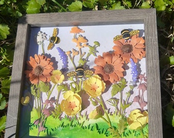 Wild flowers and bees. Paper art. One of a kind wall decor. One of a kind paper art. 3D paper art. Spring art.