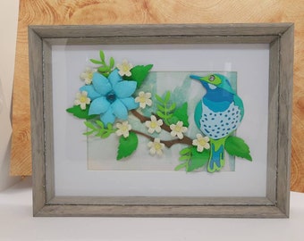 Blue and green bird in a branch.   Bird lover present. 3D paper art. wall art decor.