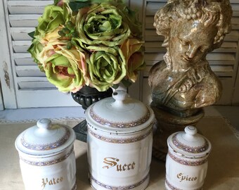 Farmhouse Beautiful French Enamel Canisters in White, Blue, Yellow and Brown Excellent Vintage Condition!