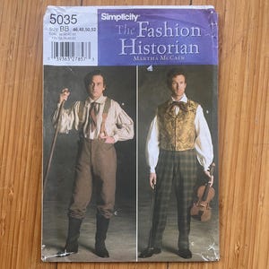 May include: A Simplicity sewing pattern envelope, number 5035, titled The Fashion Historian by Martha McCain. The front shows two outfits: one with a striped shirt, braces, and brown trousers, and another with a white shirt, patterned waistcoat, and plaid trousers.