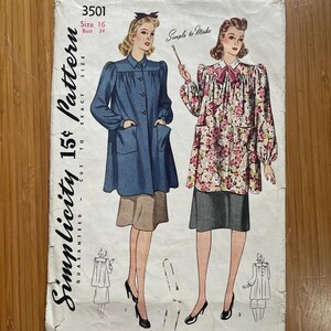 May include: A vintage Simplicity sewing pattern, number 3501, with illustrations of two women's outfits. The pattern is size 16, bust 34. The cover reads "Simplicity 15p Pattern" and "Simple to Make". The illustrations show a blue coat and a floral print top.
