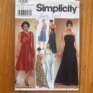May include: A Simplicity 7006 sewing pattern envelope for dresses in sizes PP 12, 14, 16, 18. The cover features illustrations of five different dress styles, including a red knee-length dress, a black floor-length gown, and a patterned floor-length dress.