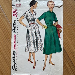 May include: Vintage Simplicity sewing pattern for a dress, size 14, bust 32 inches. The pattern is printed on white paper with a green and white floral design. The pattern number is 4731 and the price is 35 cents.