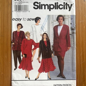 May include: Simplicity sewing pattern number 8081 for size GG (26W-32W). The pattern includes four different styles of dresses, including a red dress with a white collar, a red dress with a black polka dot pattern, a red dress with a black belt, and a red dress with a black jacket. The pattern is labelled "easy to sew".