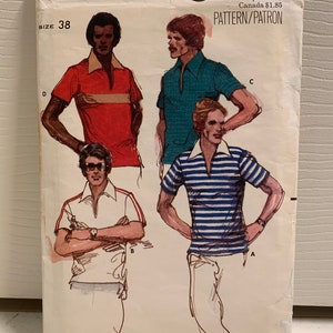 May include: A vintage sewing pattern for men's shirts. The pattern is for size 38 and features four different shirt styles. The pattern is from Butterick and has the number 5936 on it. The pattern is for moderate stretch knits only.