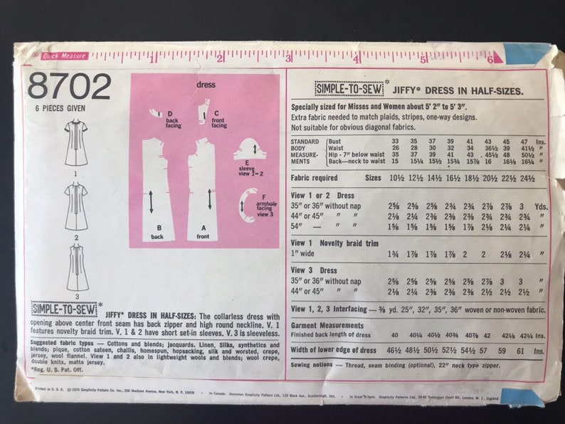 UNCUT 1970 Simplicity Pattern 8702 Bust 35 Size 12.5