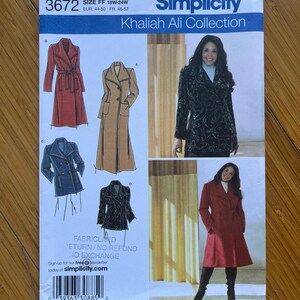May include: Simplicity sewing pattern number 3672 for a coat, featuring four different styles. The pattern is for sizes 18W-24W, EUR 44-50, FR 46-52. The pattern is part of the Khaliah Ali Collection. The text "FABRICLAND RETURN/NO REFUND NO EXCHANGE" is printed on the pattern.