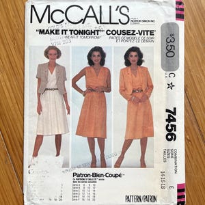 May include: A sewing pattern for a dress with three different styles. The pattern is from McCall's and is called "Make It Tonight." The pattern number is 7456 and the sizes are 14, 16, and 18.