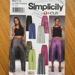 May include: Simplicity sewing pattern number 9515 for trousers in sizes 16, 18, 20, and 22. The pattern includes five different styles of trousers, including wide-leg, cropped, and straight-leg styles. The pattern is labelled "1 Hour" and "Fabric and No Refund No Exchange".