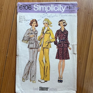 May include: Vintage Simplicity sewing pattern 6106 with three women's fashion designs. The pattern is size 12, with a 86 cm bust and a 67 cm waist. The cover art shows a plaid suit, a yellow pantsuit, and a burgundy dotted dress.