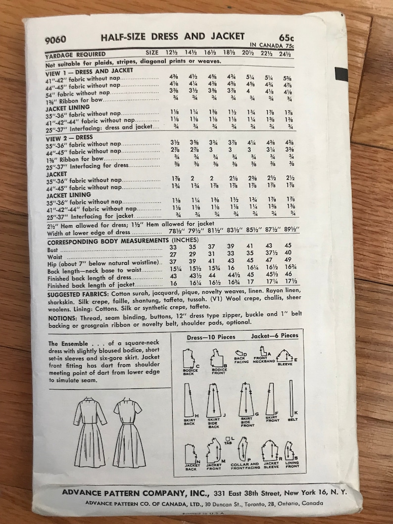 Vintage 1959 Advance Pattern 9060 Size 22.5