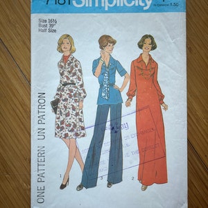 May include: A vintage Simplicity sewing pattern for a dress, featuring three different styles. The pattern number is 7181 and the size is 16 1/2, bust 39 inches. The pattern is for a half size.