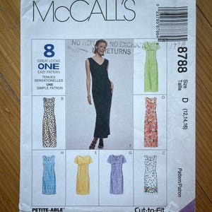 Peut inclure: Patron McCall's 8788 pour une robe, taille D (12, 14, 16). Le patron est pour une robe ajustée, adaptable aux petites tailles. Le patron comprend huit styles de robes différents, dont une robe noire, une robe à imprimé léopard, une robe verte, une robe à imprimé floral, une robe bleue, une robe jaune, une robe à carreaux et une robe blanche à imprimé floral.
