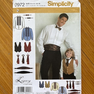 May include: Simplicity sewing pattern number 3972 for a shirt and waistcoat. The pattern includes instructions for making a shirt with a bow tie, a waistcoat, and a cummerbund. The pattern is for sizes 4-8/38-48.