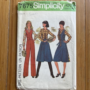 May include: Vintage Simplicity sewing pattern 7675, size 14. The pattern envelope shows illustrations of three women in 1970s-style outfits, including a jumpsuit, skirt, and dress. The envelope is white with green and black text.