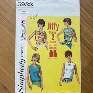 May include: Simplicity sewing pattern number 5932 for a Jiffy blouse. The pattern includes two main pattern pieces and is easy to cut and sew. The pattern is for a size 12 bust and is printed on a yellow background with a white border.