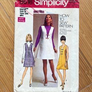 May include: Vintage Simplicity sewing pattern number 8316 for a sleeveless dress with a vest. The pattern includes a tissue lesson chart on how to finish hems. The pattern is for sizes 12, bust 34 inches, waist 25 1/2 inches, for misses.