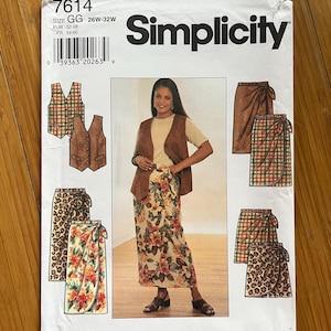 May include: Simplicity sewing pattern 7614 showing a woman in a floral skirt and vest. The pattern offers wrap skirts and vests. The size is GG, equivalent to a 26W-32W. The pattern also includes EUR (52-58) and FR (54-60) sizes.