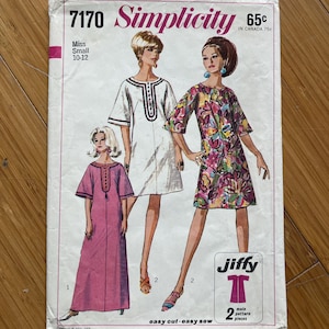 May include: A vintage Simplicity sewing pattern, number 7170, featuring illustrations of three dresses. The cover is white with the text "Simplicity" and "Jiffy". The pattern is for Miss sizes 10-12 and includes easy cut and sew instructions.