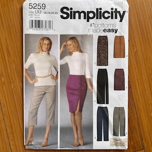 May include: A Simplicity 5259 sewing pattern envelope for bottoms made easy, size UU 16, 18, 20, 22. The front shows illustrations of trousers and skirts in various colours and patterns, including a purple skirt with a side slit and beige cropped trousers.