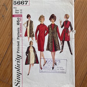May include: A Simplicity sewing pattern envelope numbered 5667 for a size 12, bust 32. The front features illustrations of four outfits including red dresses, a leopard print vest, and a coat. Text includes Simplicity Printed Pattern 65c.