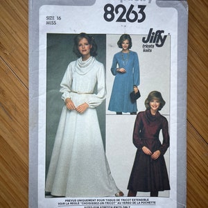 May include: Simplicity sewing pattern number 8263 for a dress, sized for stretch knits only. The pattern includes three different dress styles, one with a long skirt, one with a knee-length skirt, and one with a shorter skirt. The pattern is for size 16 miss.