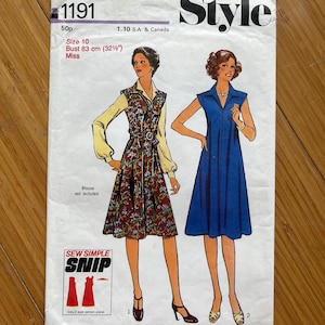 May include: Vintage sewing pattern for a dress, Style 1191, size 10, bust 83 cm. The pattern includes two dress styles, one with a floral print and the other in a solid blue colour. The pattern is labelled "Sew Simple Snip" and includes only two main pattern pieces.