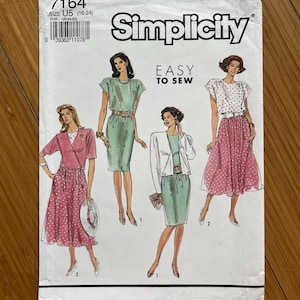 May include: Simplicity sewing pattern number 7164, size U5 (16-24), EUR. US(44-52). The pattern includes instructions for making four garments: a green dress with a belt, a pink polka dot dress, a green skirt with a white jacket, and a pink polka dot skirt with a white top.