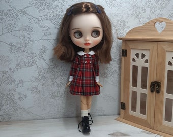 Plaid dress for Blythe, Red, green, blue school style dress for Pure Neemo Flection M and S, obitsu 24