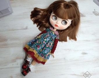 Shabby romantic dress for Blythe green, maroon and yellow. Flower dress for Blythe, Pure Neemo Flection and obitsu 24