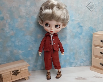 Chaqueta, pantalón y camisa de lino terracota para Blythe y Blythe boy pure neemo TBL