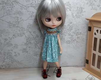 Turquoise and white dress with smock embroidery, flower dress for pure neemo flection and obitsu 24