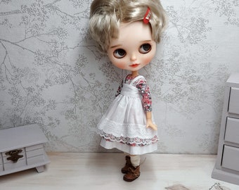 Flower dress and white apron for Blythe, pure neemo flection and obitsu 24