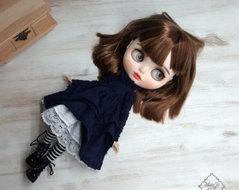 Dark Blue Romantic Dress for Blythe, Obitsu 24, Romantic Dress with Cap for Pure Neemo Flection Jointed Body M and S