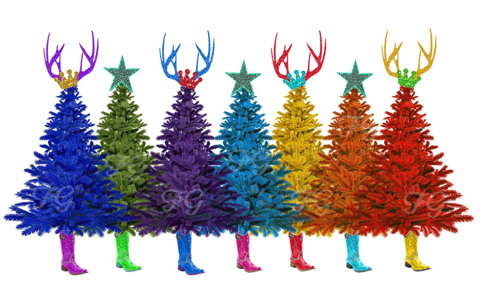 Retro Christmas trees with antler and star toppers. PNG | Etsy