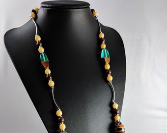 Long Unusual Plastic, Glass and Wood Necklace Circa Jewelry