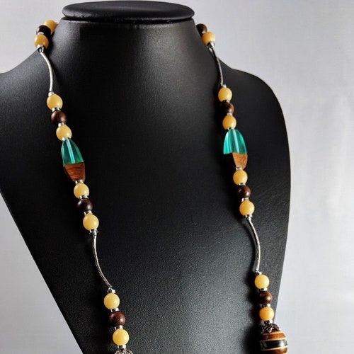 Shops Long Unusual Plastic, Glass and Wood Necklace Circa Jewelry