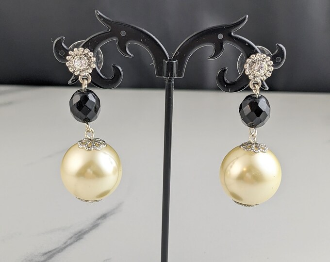 Lovely Vintage Jewellery Faux Pearl Push Back Studs Dangle Earrings