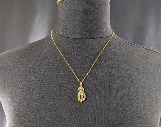 Lovely Vintage Gold-tone Necklace Faux diamond Cat Pendant  by Avon Jewellery